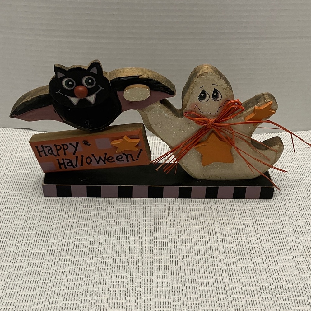 Halloween Ghost & Bat Wooden Tabletop Accent - Unbranded, Orange/Black